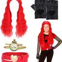 4 Pcs Red Halloween Women Costume Accessories Include Red Curly Wig Watch Belt Black Gloves for Girls Princess Cosplay Outfit