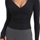 YEOREO Minniy Women Workout Wrap Top Long Sleeve with Thumb Holes V Neck Basic Shirts for Yoga Pilates Going Out Shrug Blouse (Medium, Black)
