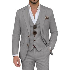 Men's Suit 3 Piece Linen Suits Slim Fit Suit Blazer Vest Pants Set Wedding Prom Tuxedos Business Casual Suit (Gray, XL)