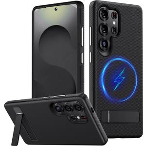 for Samsung Galaxy S25 Ultra Magnetic Case, [Fit for Magsafe] Military Grade Dual-Layer Shockproof Protective with Non Slip Textured Back, Phone Case with Kickstand for S25 Ultra (Black)