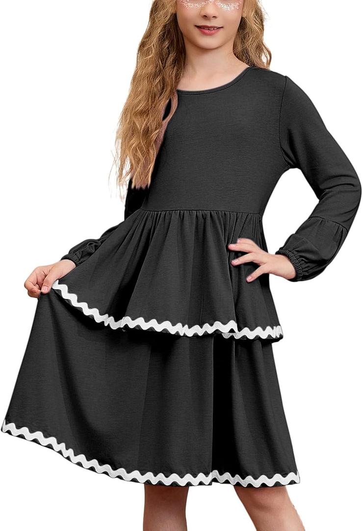CHILDRENSTAR Girls Long Sleeves Ruffled Dress Fall Loose Fit Rickrack Tiered Flowy Twirl Dresses for Kids (Black)