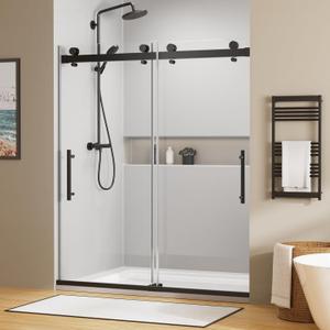 Shower Door,60" W x 74" H Frameless Shower Door, Double Sliding Shower Door with Premium 1/4" (6mm) Thick Tempered Glass, Stainless Steel, Matte Black