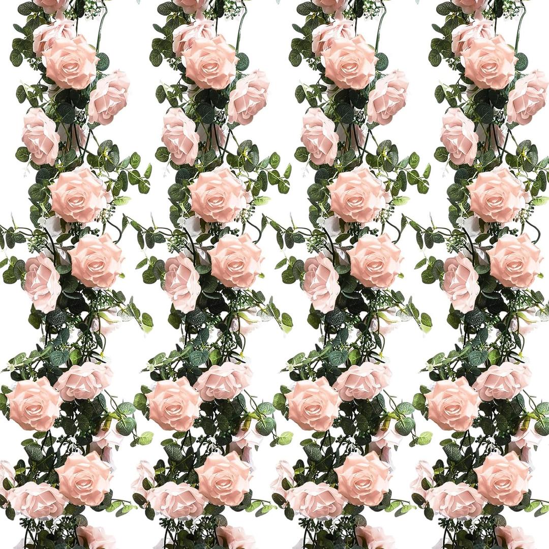 Riceshoot 4 Pack 26 ft Artificial Eucalyptus Vines Garland with Flowers Fake Floral Flower Garland Rose Wreath for Wedding Party Arch Table Decor Backdrop Decorations(Light Pink)