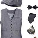 1920s Mens Costume Vest Hat Pocket Watch Accessories Set Adult Party Cosplay (Gray, L)