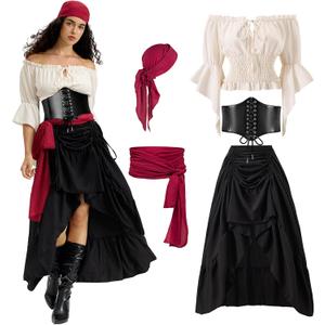 Women Pirate Costume with Peasant Blouse Off Shoulder Trumpet Sleeve Tops Victorian Steampunk Skirts (Large, Black)