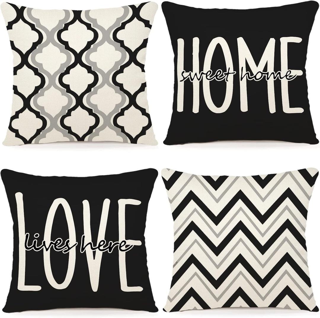 YCOLL Farmhouse Pillow Covers 18x18 Set of 4 Throw Pillow Covers Rustic Linen Decorative Pillows Square Cushion Covers for Couch Sofa Bedroom Home Decor (Black)