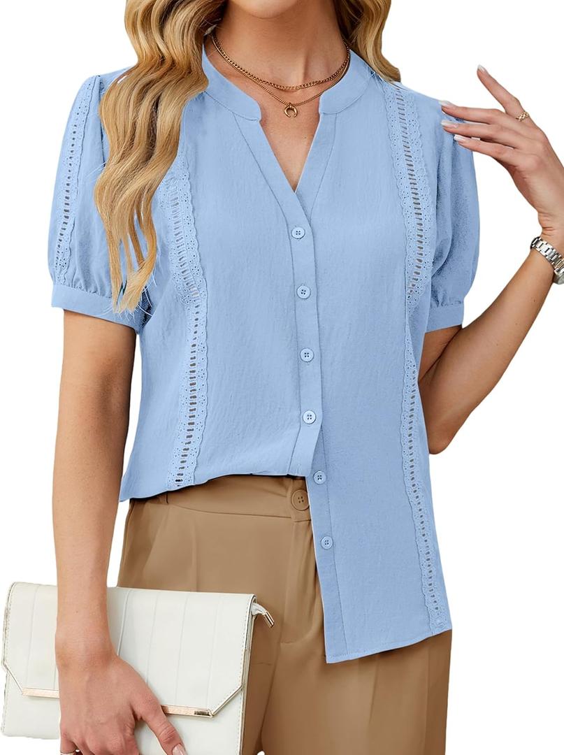BMJL Womens Button Down Shirts V Neck Business Casual Blouses Eyelet Puff Sleeve Dressy Work Tops Outfits 2025 (L)