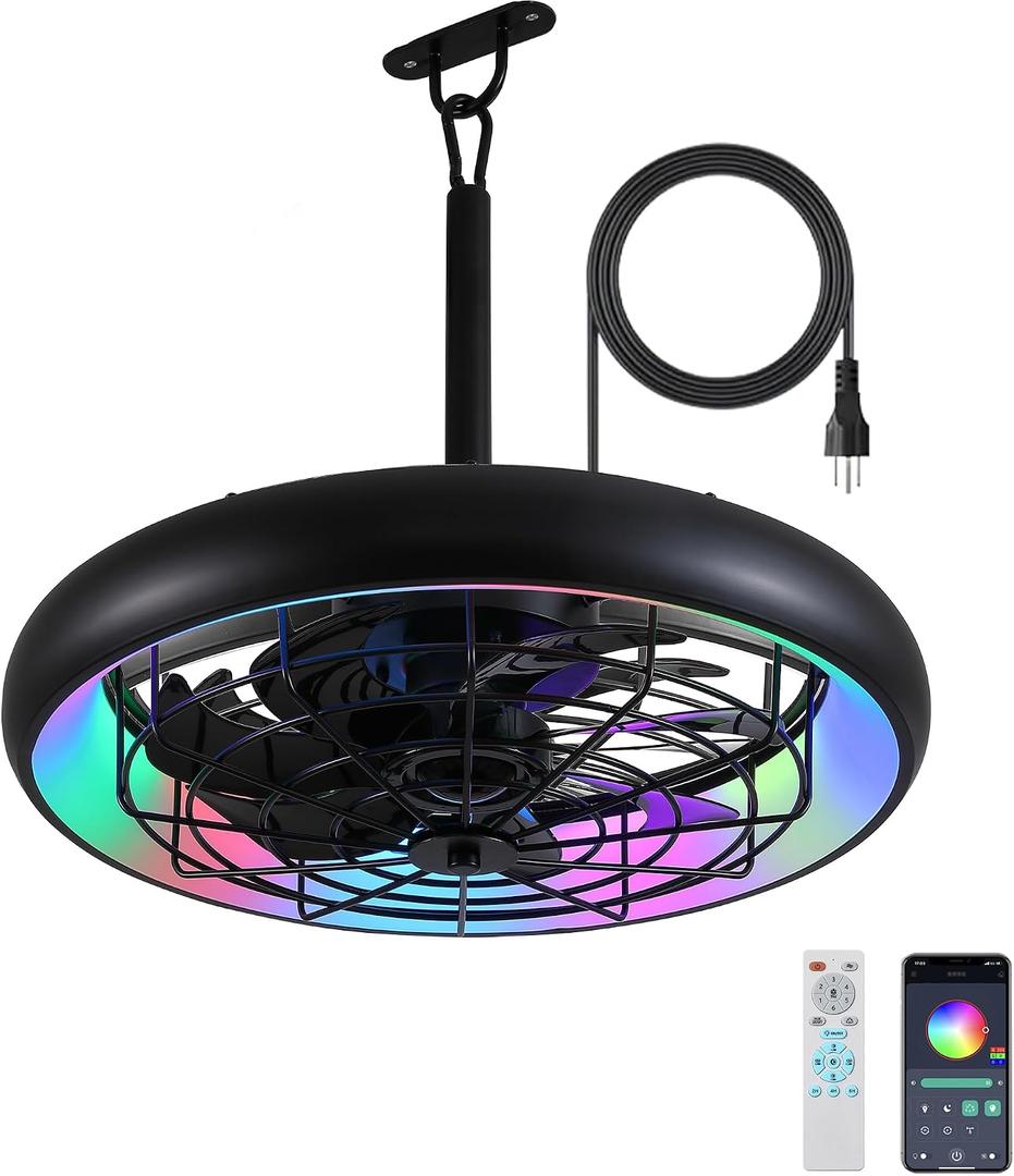 Netin 20" Outdoor Ceiling Fan with Lights,RGB & 3CCT Dimmable,6 Speed Hanging Gazebo Fan,IP65 Waterproof Plug-in Black Caged Ceiling Fan with Remote/App Control for Patio,Porch,Pergola(Matte Black)