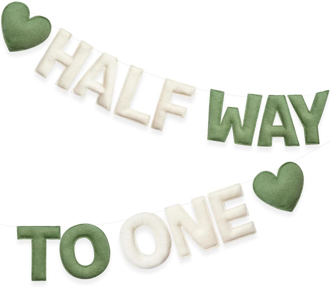 Sage Green Heart 1/2 Way to One Birthday Decoration Pre-Strung Handmade Felt Half Way To One Sign Banner for 6 Months Birthday Baby Boy Girl Neutral Decorations Party Nursery Home Wall Fireplace Decor