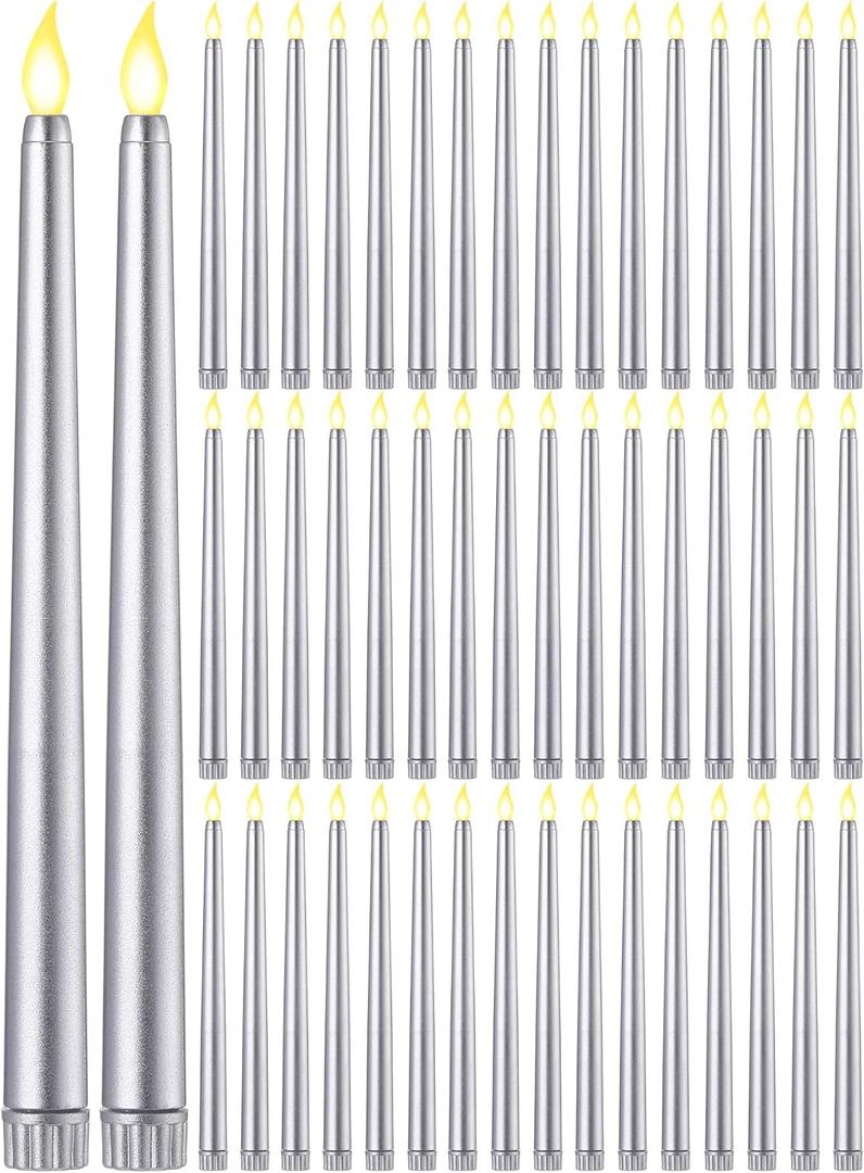 Funtery 48 Pcs Flameless LED Taper Candles Battery Operated Candles Bulk Realistic LED Candlesticks Flickering for Wedding Church Graduation Party Home Decor(Silver,Classic Style)
