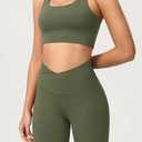 ODODOS Women's Crossover Yoga Shorts with Back Pocket, 8" Buttery Soft V High Waist Lounge Biker Shorts, Dark Olive, Medium