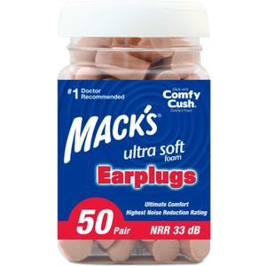 Mack's Ultra Soft Foam Earplugs, 50 Pair - 33dB Highest NRR, Comfortable Ear Plugs for Sleeping, Snoring, Travel, Concerts, Studying, Loud Noise, Work Made in USA