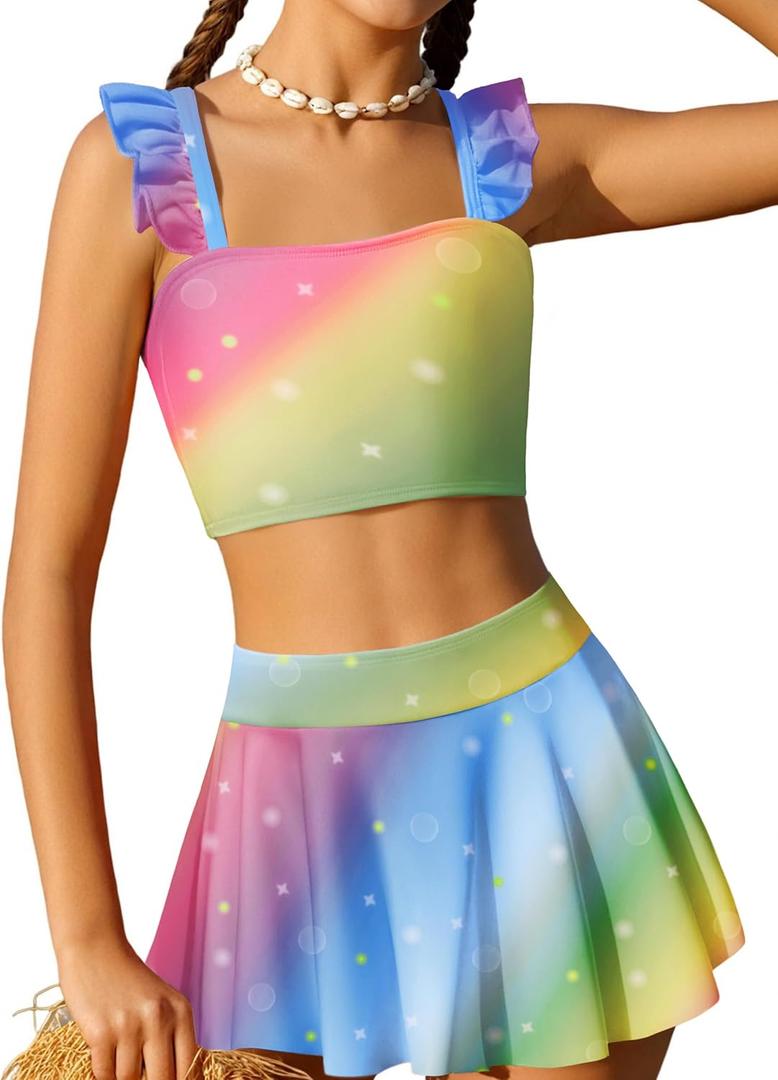Arshiner Girls Swimsuit 3 Piece Bathing Suits Cute Bikini Tankini Sets Teen Ruffle Swimwear with Cover Up Skirt (11-12 Years, Rainbow)