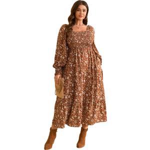 RWJ Women's Plus Size Fall Dress Long Sleeve Square Neck Floral Print Smocked A Line Boho Flowy Maxi Dresses with Pockets