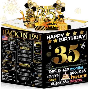 Joycard 35th Birthday Card for Women Men, 3D Pop Up Happy Birthday Gift for Her Him, Funny 35 Year Old Birthday Decorations for Daughter Son, Back in 1991 Laser Gold Retro Theme