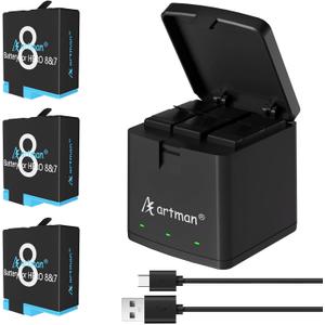 Artman Battery 1500mAh for GoPro Hero 8/7/6/5 Black and 3-Channel LED USB Charger Fully Compatible with GoPro Hero 8 Battery and Charger (3-Pack)
