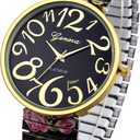 JewelryWe Women's Big Dial Easy Reader Watch Floral Elastic Stretch Band Wristwatch (Black)