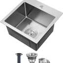 ROVATE 15 inch Drop in Bar Sink, Small Top-mount Kitchen Sink Single Bowl, Overmount Handmade 304 Stainless Steel Bar Sinks with Basket Strainer, 15 x 15 x 8 inch