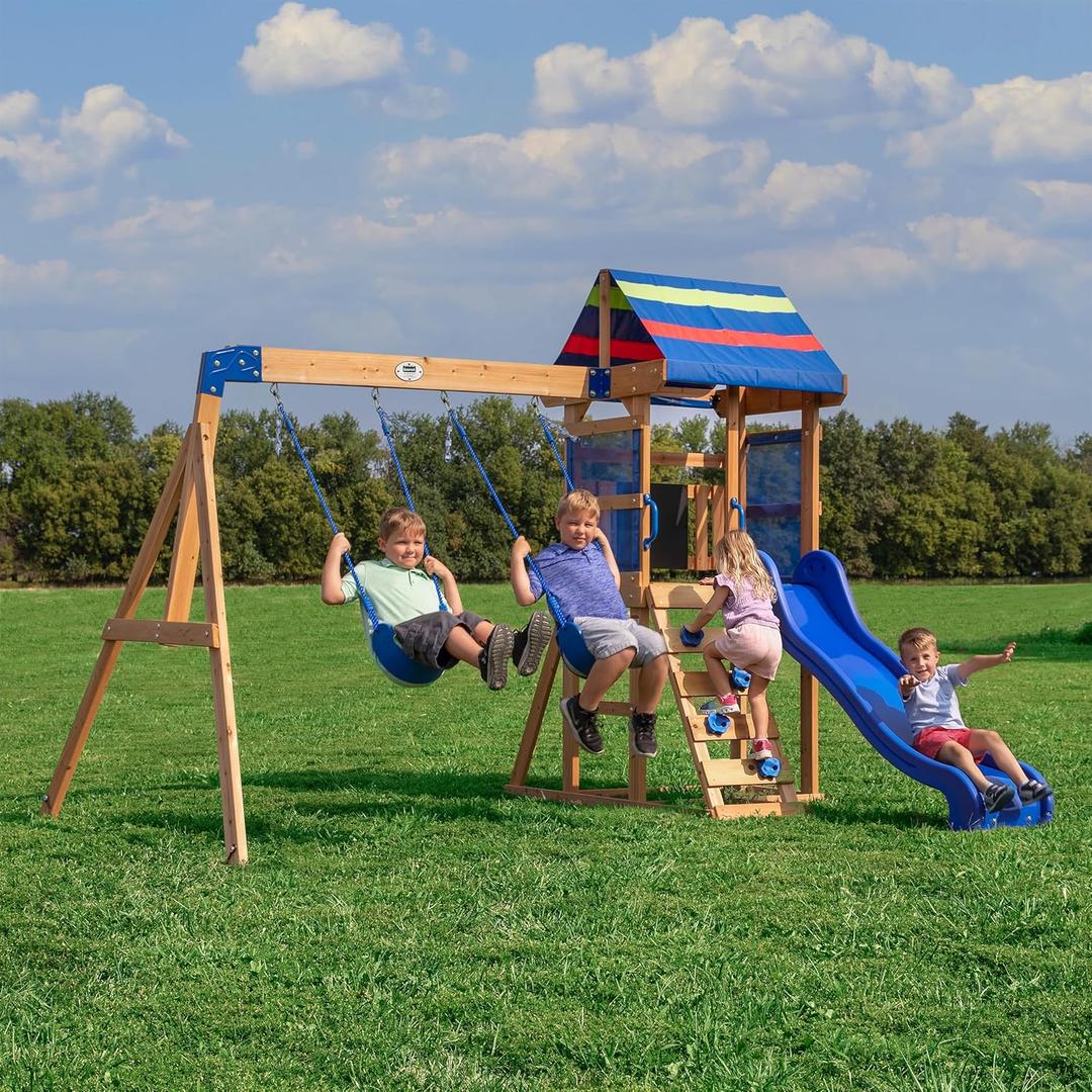 Backyard Discovery Bay Pointe Cedar Wood Swing Set with Wave Slide, Play Deck, Rock Wall Ladder, Belt Swings, Chalkboard, Canopy Roof, Outdoor Playset (Blue)