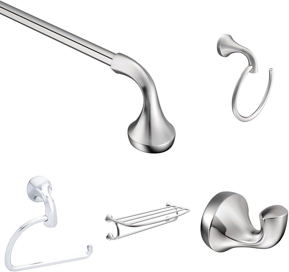 Bundle of Moen Eva Collection Chrome 24" Towel Bar, YB2824BN, 26" Towel Ring, YB2886CH, Robe Hook, YB2803CH, Towel Shelf, YB2894CH, and Toilet Paper Holder, YB2808CH