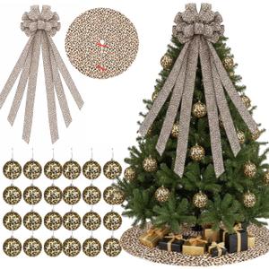 26 Pcs Leopard Printed Christmas Tree Decoration Cheetah Christmas Tree Topper Bow Plastic Ornament Balls and Skirt for Modern Fashion Western Party Decorations Holiday Xmas Decor