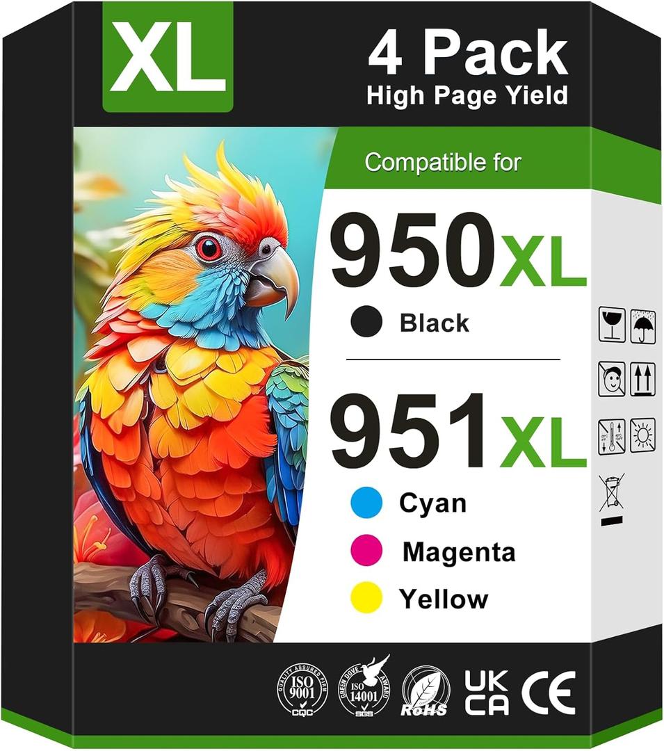 950xl and 951xl Ink Cartridges Replacement for HP 950 and 951 Ink Cartridges Combo Pack Works for HP Officejet Pro 8100 8615 8600 8610 8620 8630 Printers (4 Pack)