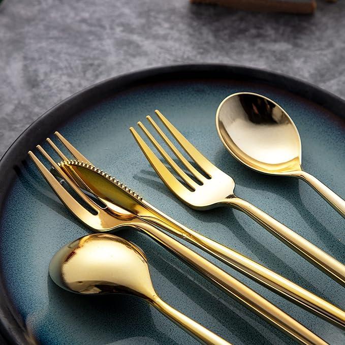 LIYH 100 Pcs Gold Plastic Silverware Disposable, Plastic Gold Utensils Heavyduty - Disposable Cutlery Includes Knives Forks and Spoons for Party, Birthday,Wedding Events