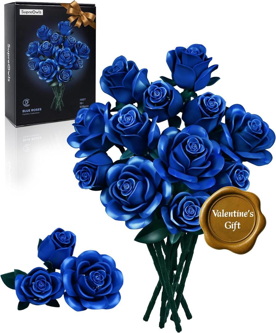 iATOM Blue Rose Bouquet Building Set, 12Pcs Flowers Botanical Collection for Adults, Valentine's Day Gift for Her/Girlfriend/Mom/Wife/Couple, Vintage Home Office Table Centerpiece Decor Aesthetic