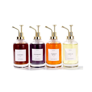 Molimoli Coffee Syrup Dispenser Set of 4, Glass Bottles with Pump, Maple & Coffee Syrup, Gold