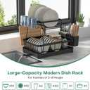 2 Tier Dish Rack, Carbon Steel Dish Drying Rack for Kitchen Organization & Storage, Countertop / Sink Dish Rack with Automatic Drain Tray, Large Capacity Black Dish Rack - Essential Home Kitchen Item