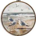 KFXHANGD Seagulls Beach Round Wall Art Framed, Coastal Seagulls Canvas Wall Art Decor,Vintage Beach Sea Ocean Seagull Hanging Decor for Kitchen Bathroom Living Room Beach House, 10x10inch (bird)