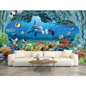 Bormia Wall Mural Underwater Wallpaper 3D Dolphin Large Photo Wallpaper for Livingroom Bedroom Kids Room Nursery, 108"x75" (Blue)