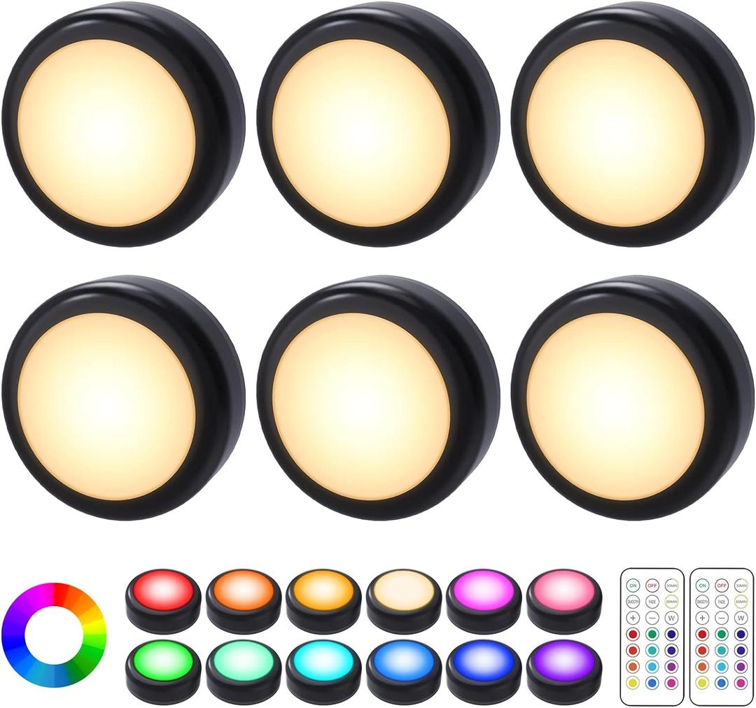 Cadrim Puck Lights, 6 Pack 13 Colors Changeable LED Puck lightings Battery Powered Dimmable Under Cabinet Lights, Battery Powered Under Counter Lights with 2 Wireless Remote Controls, Black