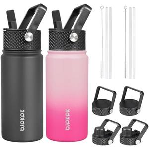 BJPKPK 2 Pack Insulated Water Bottles with Straw Lids, 18oz Stainless Steel Metal Water Bottle with 6 Lids, Leak Proof BPA Free Thermos, Cups, Flasks for Travel, Sports (Cherry+Black)