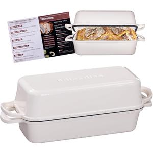 11x5 Inch Cast Iron Bread Loaf Pan With Lid, 5.8 Qt Large Loaf Pan for Sourdough Bread Baking, Heavy Duty Dutch Oven Bread Pan For a Crispy Crust (Cream White)