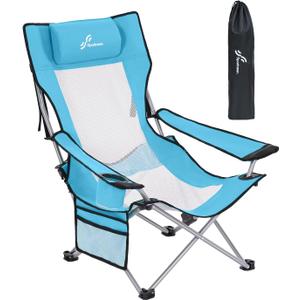 Sportneer Beach Chair: Adjustable Folding Chair with Cup Holder & Side Pocket - Portable & Compact Beach Chairs for Adults with Reclining Positions for Camping Picnic Outdoor, Blue