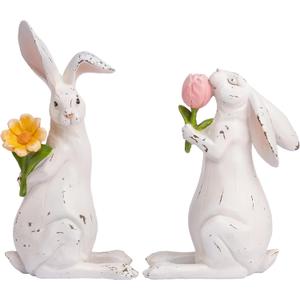 Valery Madelyn Easter Bunny Decorations for Home, Medium White Couple Rabbits Figurine Tabletop Decor, 2Pcs Cute Easter Gifts Resin Statues for Spring Holiday Indoor Party Table Centerpieces, 6"