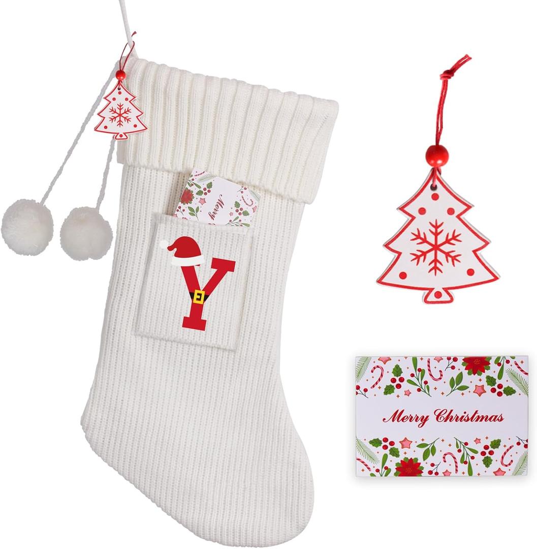2 x Christmas Stocking 18 Inches Large Knit Christmas Stockings Monogram Initial Personalized Christmas Stockings for Family Xmas Home Decor White Red Green Tree Fireplace Ornaments White Y