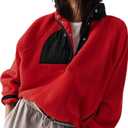 Aoang Womens Oversized Sherpa Jacket Fuzzy Fleece Teddy Coat with Pockets Colorblock (Large, Red)