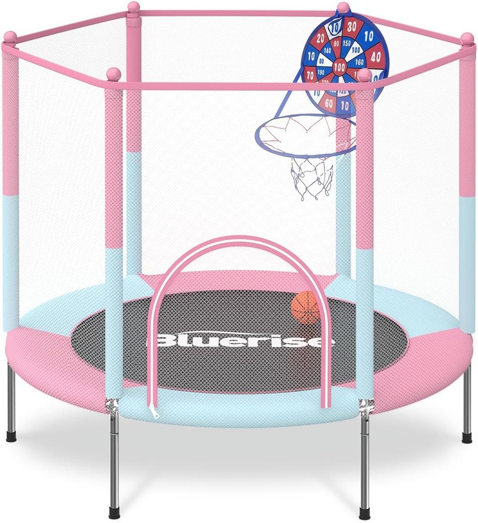 BLUERISE 55IN 6FT Toddler Trampoline for Kids Indoor Outdoor Play for Kids Trampoline Basketball Hoop Attachment with Enclosure Net Easy to Assemble