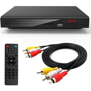 Home DVD Player TV CD Player Compact DVD Player Supports NTSC/PAL System with RCA Stable Outputs/USB 128G Input, Contains Remote Control and RCA Cable(Without HDMI Cable) (Black)