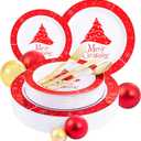 Rubtlamp 125Pcs Christmas Plastic Plates, Plastic Red Plates with Snow Christmas Tree, christmas Dinnerware Disposable Include 25 Party Red Dinner Platos,25 Fancy Salad plate,75 Gold Cutlery