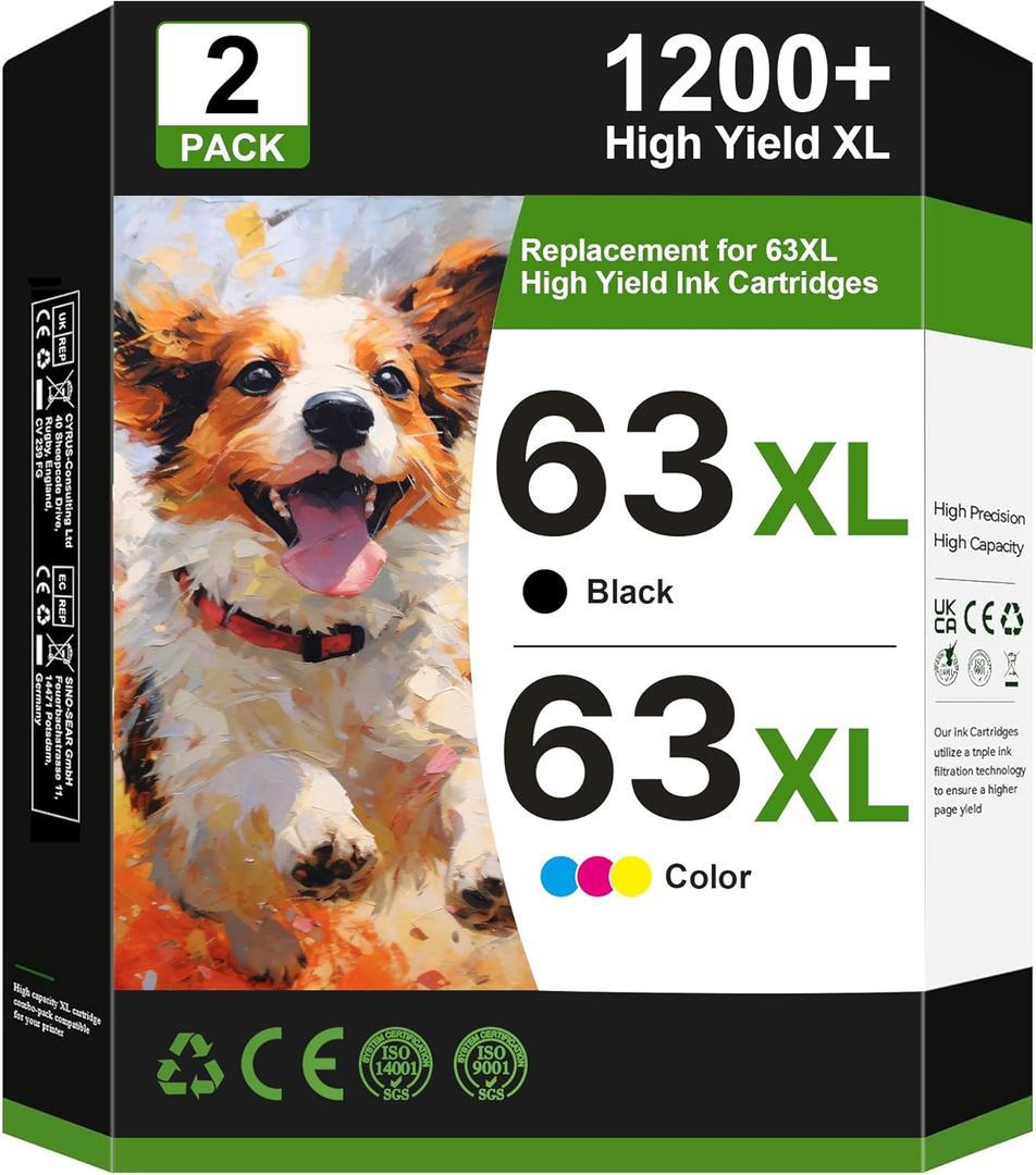 63XL Ink Cartridges Black and Color Replacement for HP Ink 63 for HP 63XL Ink Cartridge Combo Pack Work for OfficeJet 3830 4650 5255 5258 5200; Envy 4520 4512 4510; DeskJet 1112 2130 3630 (2 Pack)