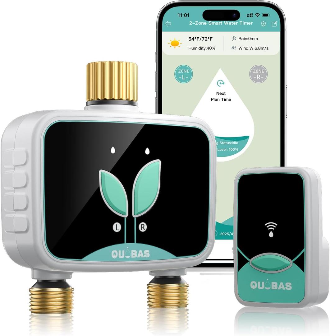 QUOBAS WiFi Water Timer for Garden Hose, 2 Zone Brass Hose Timer WiFi with App Control & Rain Delay/Auto/Manual 3 Modes for Drip Irrigation, Pool & Lawn, Battery Powered, 2.4GHz WiFi Only