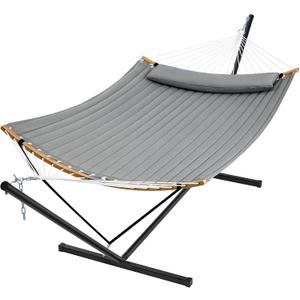 SUPERJARE Hammock with Stand, 2 Person Heavy Duty Hammock Frame, Detachable Pillow & Strong Curved-Bar & Portable Carrying Bag, Perfect for Outdoor & Indoor - Gray