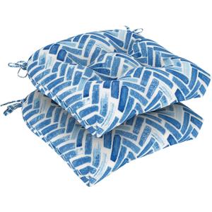 Set of 2 Outdoor Tufted Chair Cushions 19"x19"x4", Water Repellent Patio Seat Cushions with Ties, Replacement Chair Pads for Wicker Dining and Patio Furniture - Blue Bricks