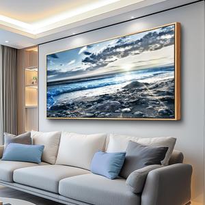 Lapremoly Large Canvas Wall Art For Living Room Wood Framed Wall Decor For Bedroom Modern Office Decor Blue Beach Sun Ocean Landscape Painting Prints Artwork Seascape Hang Pictures Home Decoration (48L" x 24W")
