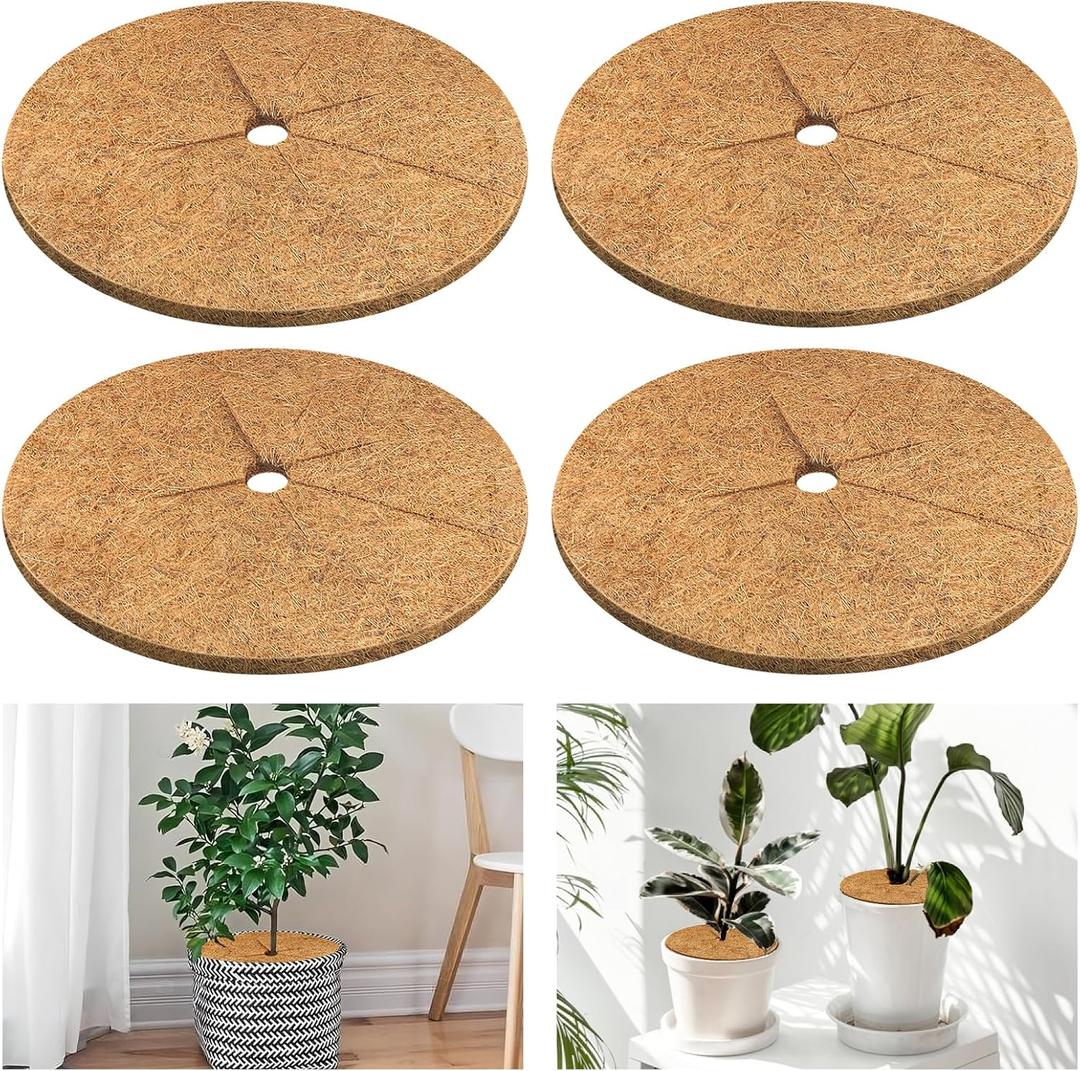 Legigo 4pcs Coconut Fiber Mulch Ring Tree Plant Protector Mat, 11.8 Inch Natural Coco Coir Tree Protection Ring Plant Pot Soil Cover, Tree Rings Disc Plant Cover for Indoor Outdoor Plants, Landscaping