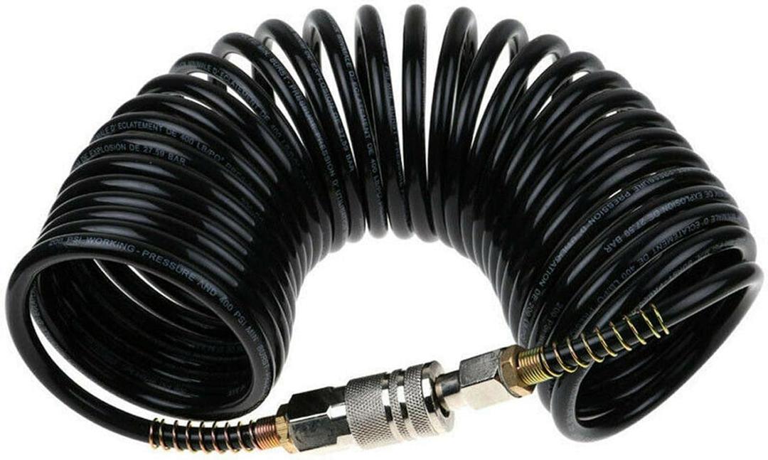 25ft Air Compressor Hose with Bend Restrictor and 1/4 Quick Coupler - Coiled Flexible Air Hose with Solid Copper Connectors