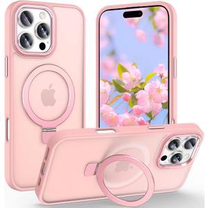 Magnetic for iPhone 16 Pro Case with Ring Stand, [10 FT Drop Protection] [Velvety Touch] Slim Translucent Matte Back Shockproof Phone Case for iPhone 16 Pro 6.3'', Pink